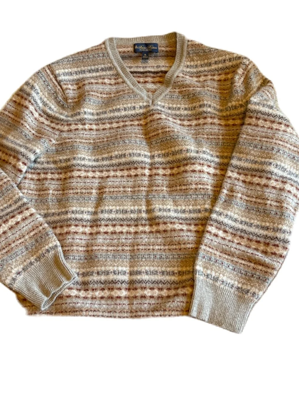 Brooks Brothers Lambs Wool V-Neck Sweater XL Fair Isle Tan Red Cream